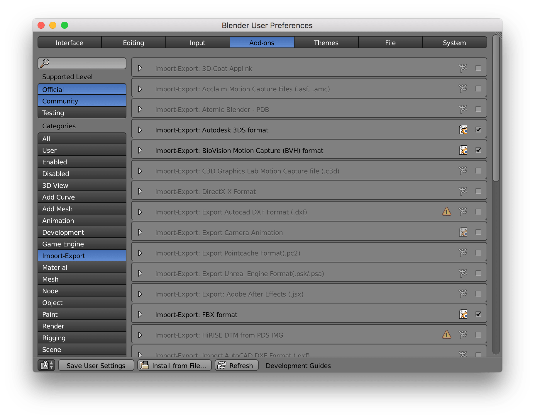 Blender settings menu